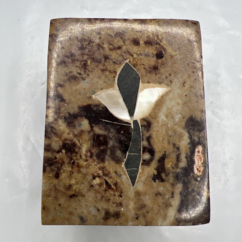 Vintage Jerusalem Stone Trinket Box Inlay Floral Mother of Pearl Small Box